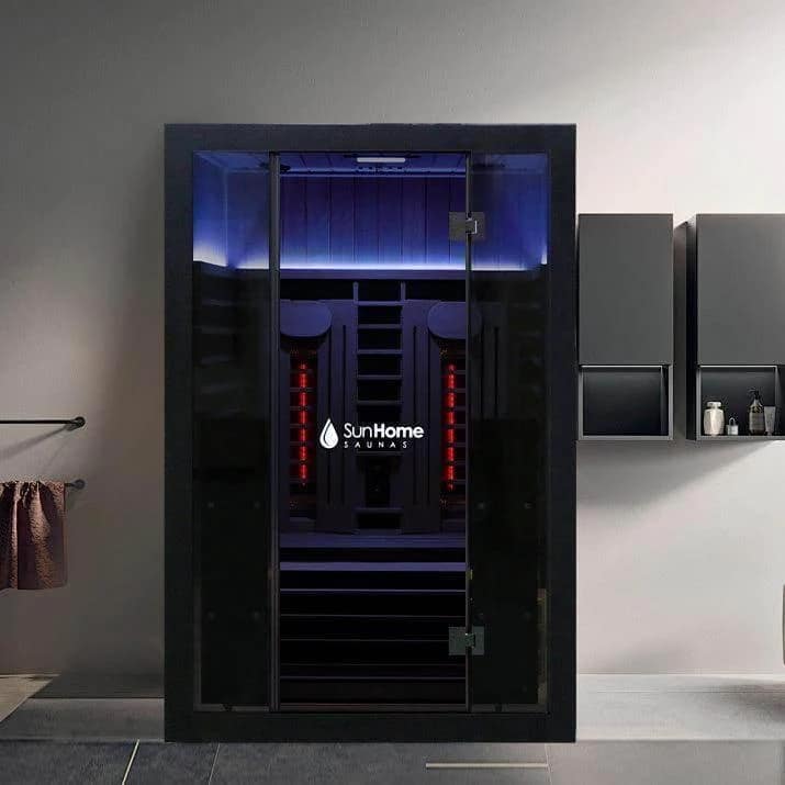 Rendering of the front view of the Sun Home Eclipse 2-Person with its heaters lit