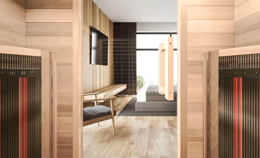 Eucalyptus bench and heater panels inside the Sun Home Equinox