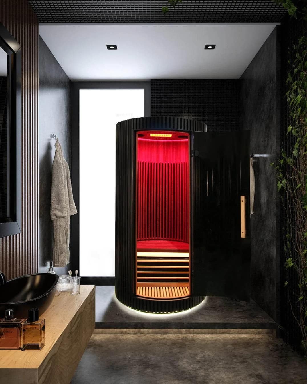 Rendering of the Sun Home Pod with its door open in a dark bathroom