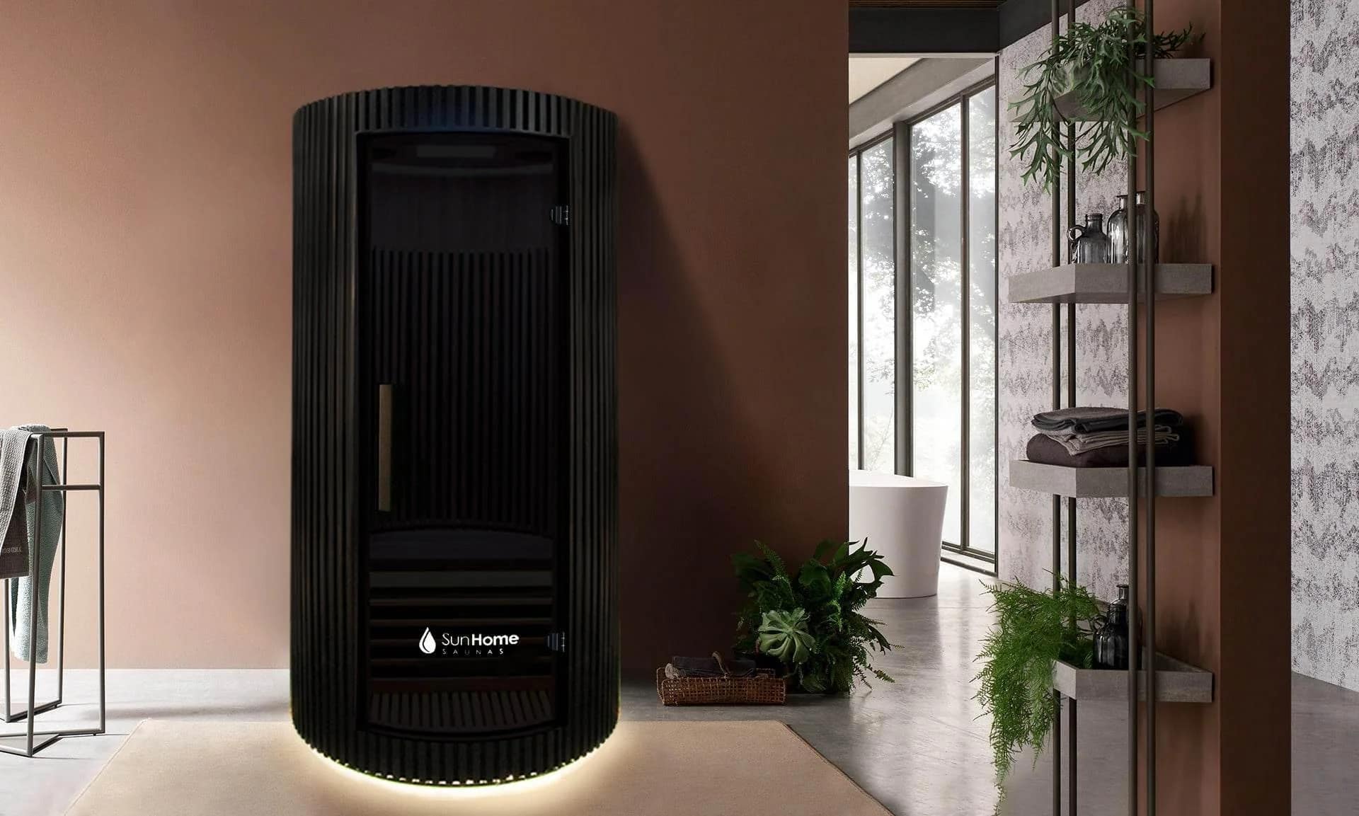 Rendering of the Sun Home Pod closed beside a freestanding tub