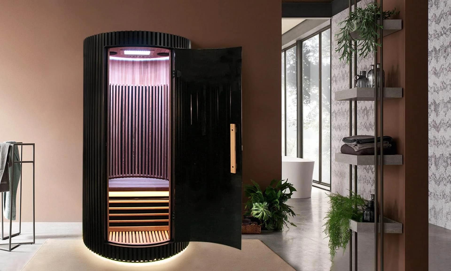 Rendering of the Sun Home Pod with its door open in a terracotta bathroom