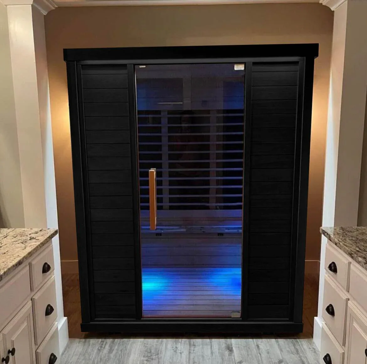 Sun Home Equinox sauna set into a bathroom alcove