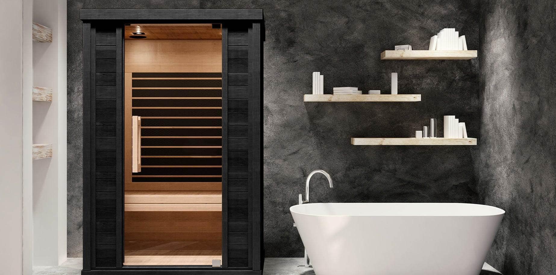 Sun Home Equinox 2-Person sauna beside a freestanding tub in a bathroom