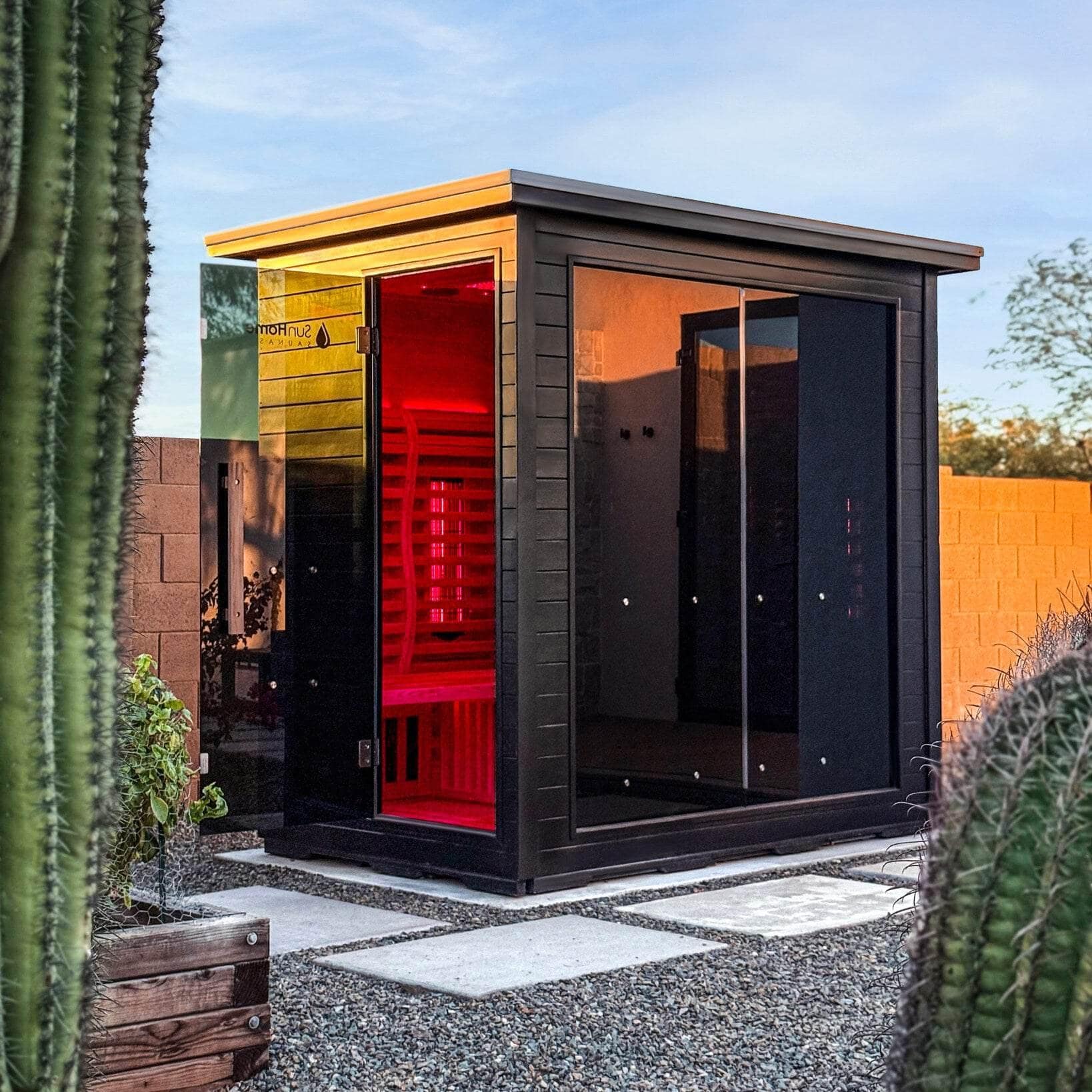 Sun Home Luminar 5-Person in a desert backyard at dusk