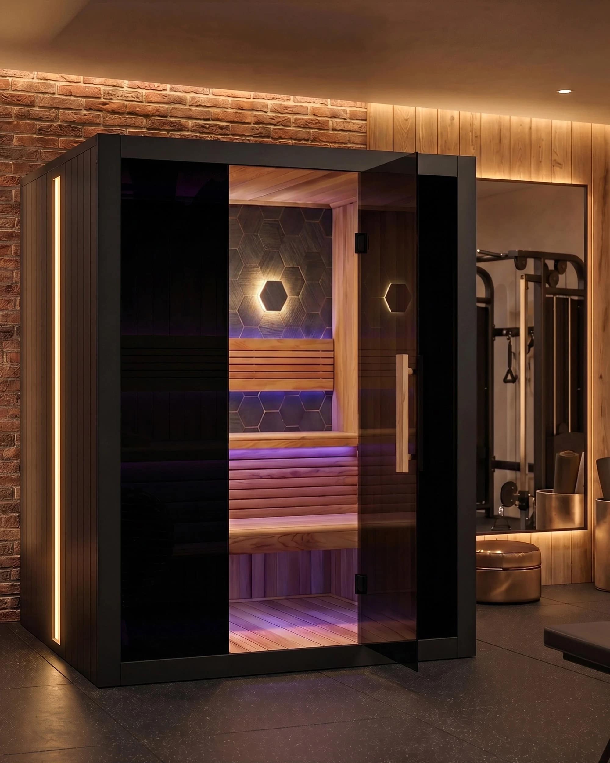 Rendering of the Sun Home Nova 3-Person with its door open in a home gym
