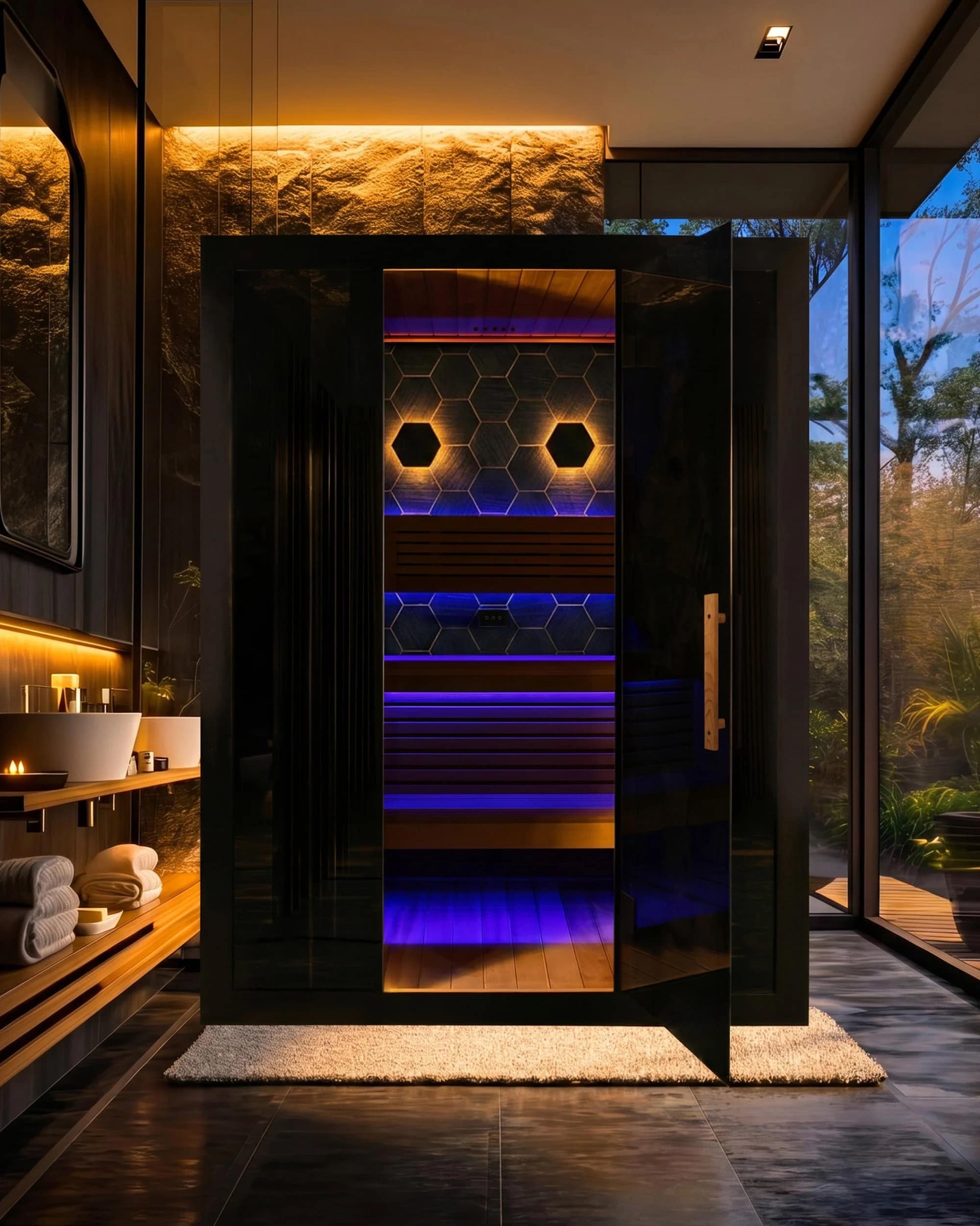Rendering of the Sun Home Nova 3-Person in a dark bathroom with blue bench lighting