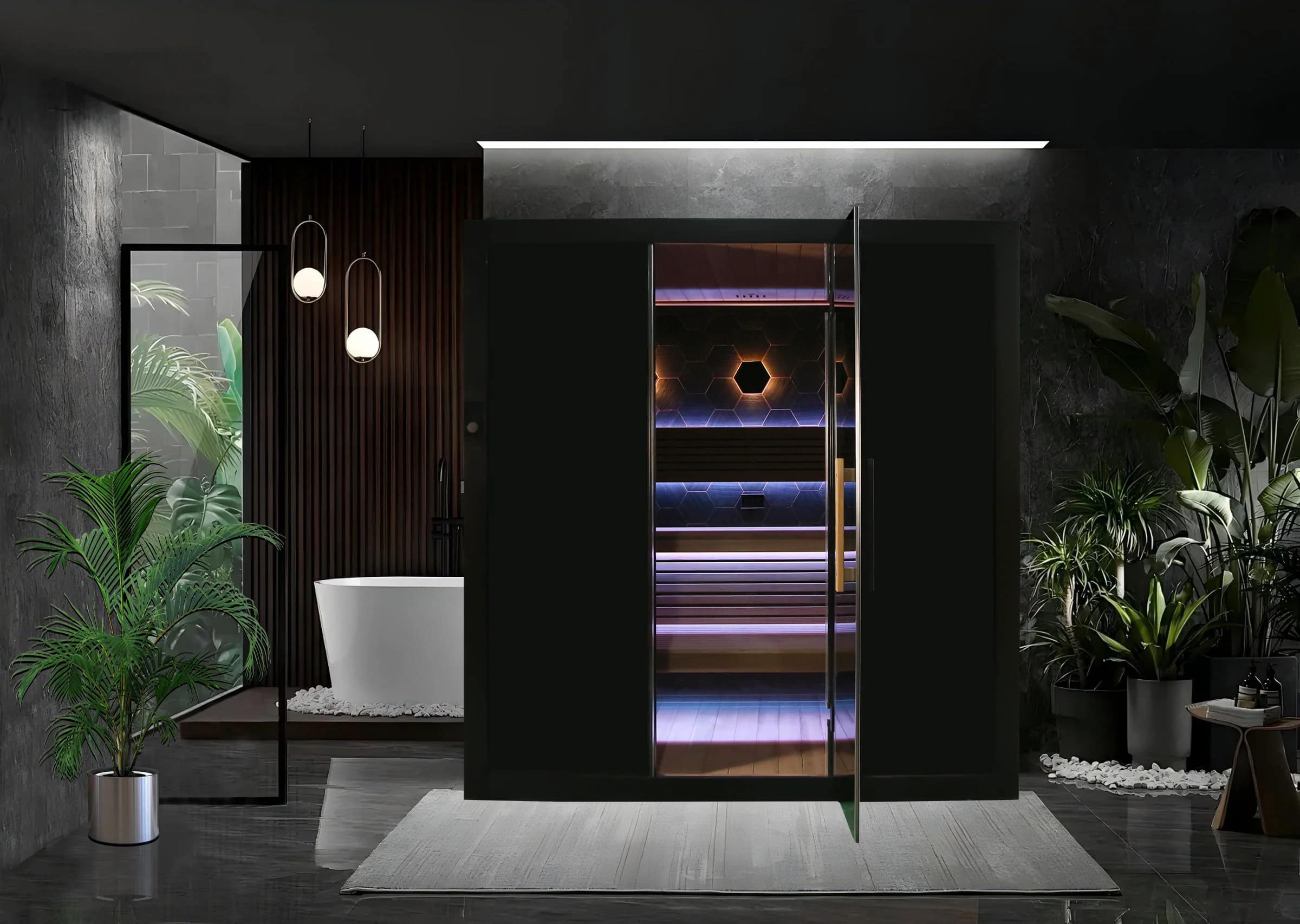 Rendering of the Sun Home Nova 6-Person in a dark bathroom with plants