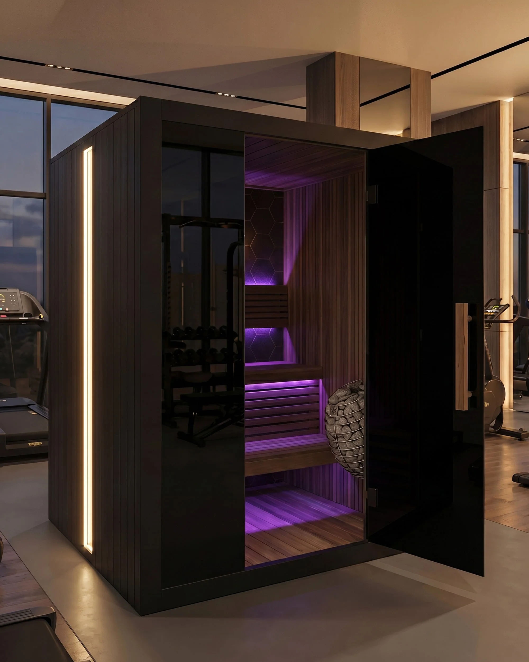 Rendering of the Sun Home Nova 6-Person with its door open in a home gym