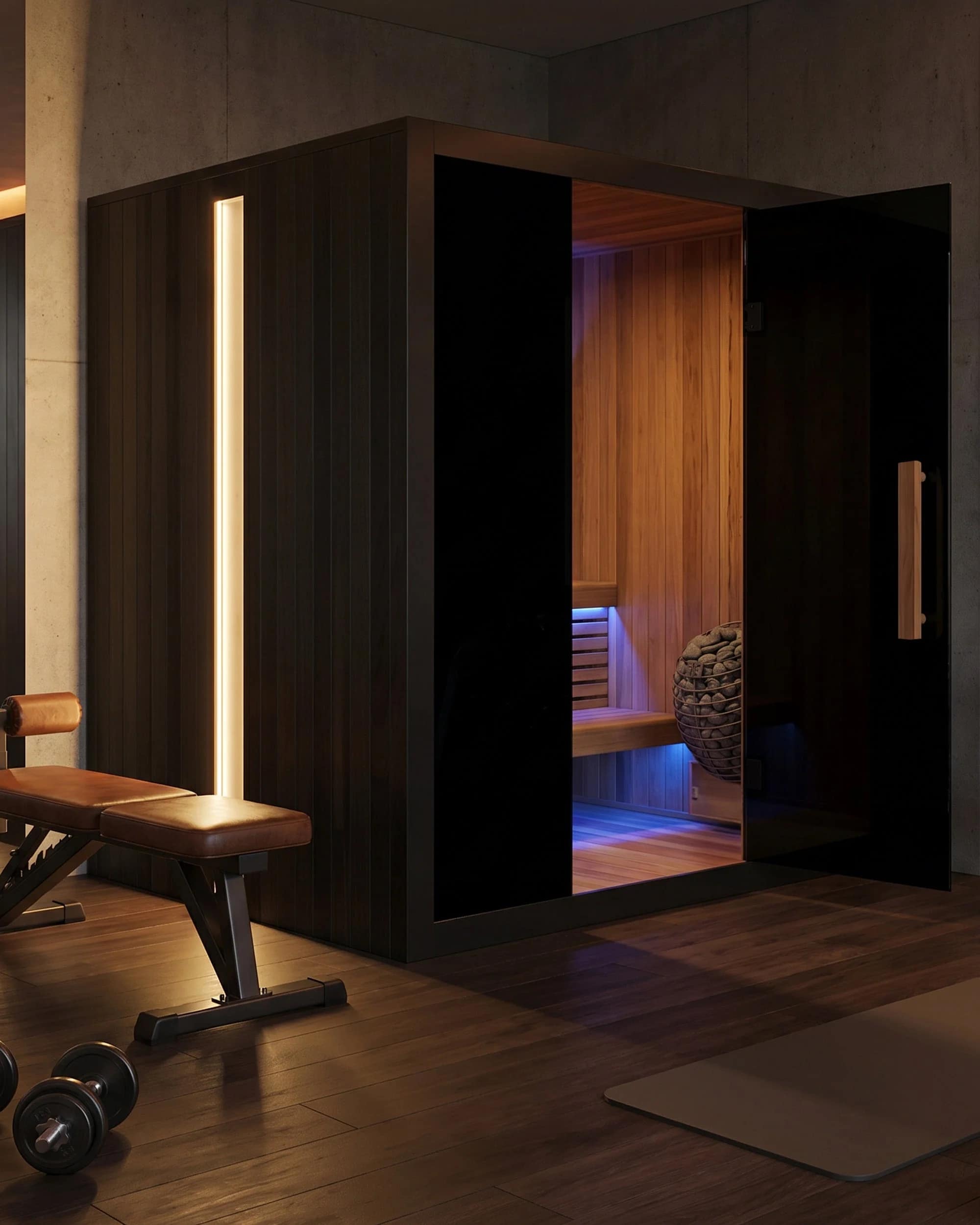 Rendering of the Sun Home Nova 6-Person with its door open beside a weight bench