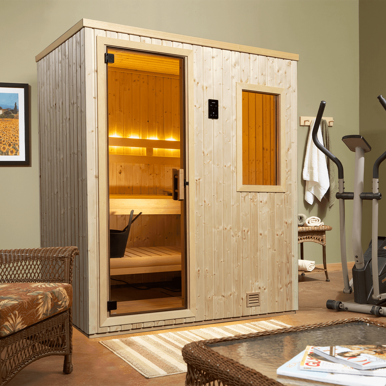 Finnleo's NorthStar 4' x 6' sauna stands in the corner of a living room.