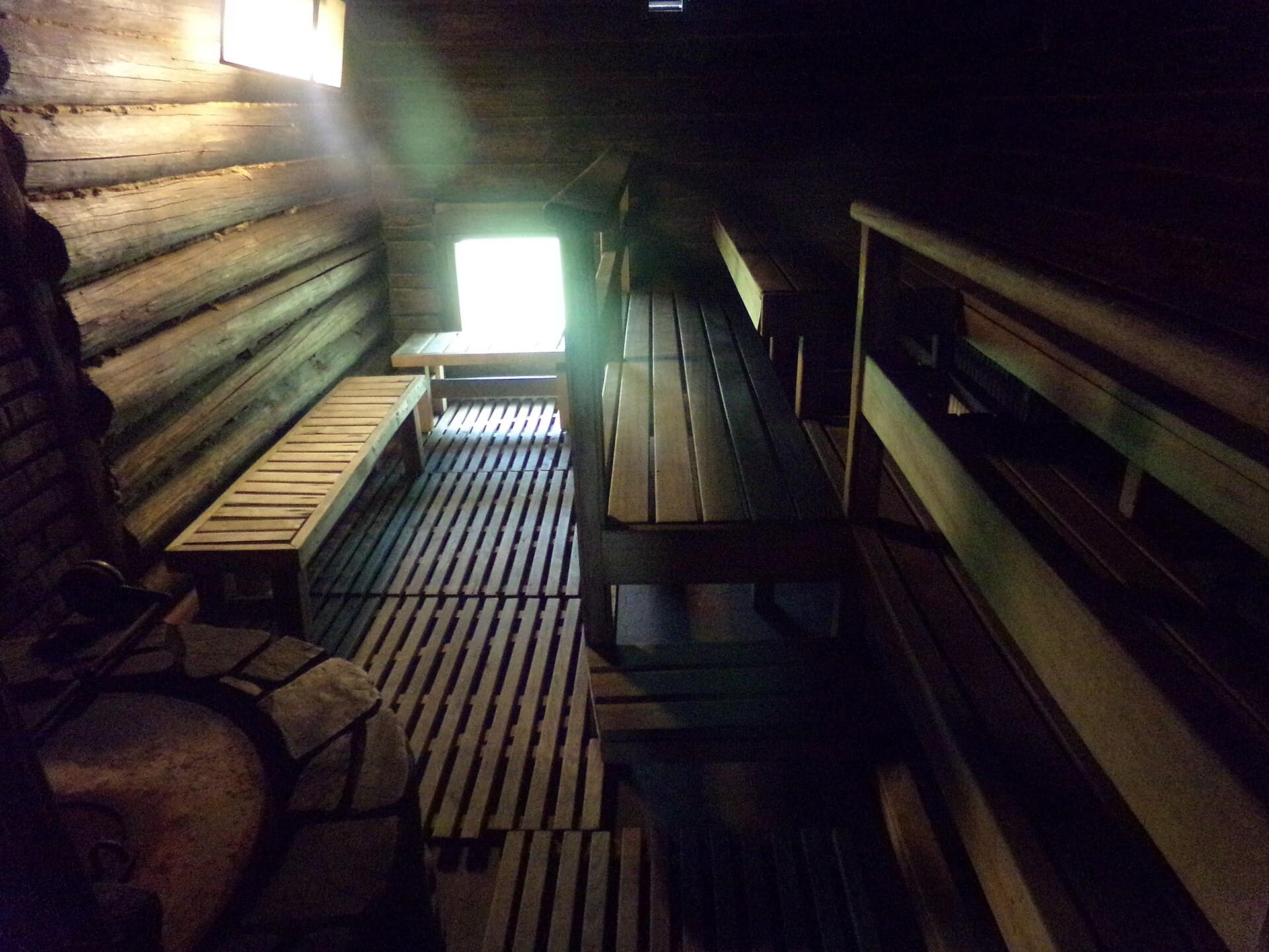 Wooden benches line the sauna at Tamminiemi in Helsinki, Finland.